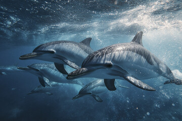 Fototapeta premium Dolphins swimming freely underwater in group with sunlight reflecting on their smooth bodies, showcasing marine life and ocean wildlife in natural habitat