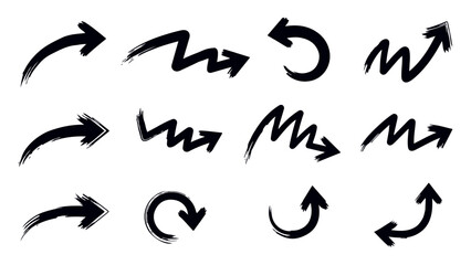 Collection of various black hand drawn arrows in different directions and shapes on white.