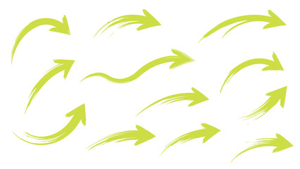 Collection of green arrows pointing in various directions with dynamic and energetic brush strokes.