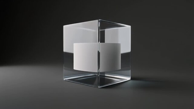 A translucent, geometric, cubed structure sits on a dark surface. A cylindrical object rests inside, contrasting the sharp edges