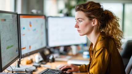 Financial risk analyst in insurance office scrutinizing updated actuarial models on computer screens ensuring accurate assessment of future liabilities and premium adequacy.
