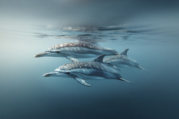 Fototapeta premium Dolphins swimming underwater near sea surface in peaceful ocean environment with soft light reflections on their bodies creating calm and serene marine scene