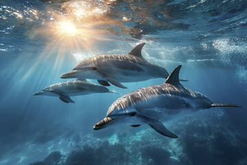 Fototapeta premium Dolphins swimming underwater with sunlight breaking through ocean surface, creating peaceful and natural marine scene full of life and movement