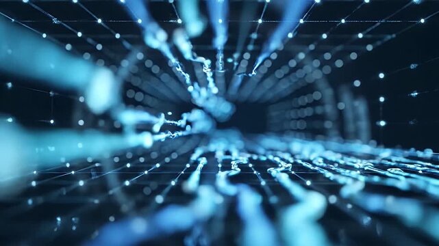 Dynamic abstract background of blue light rays and digital particles creating depth perception in space