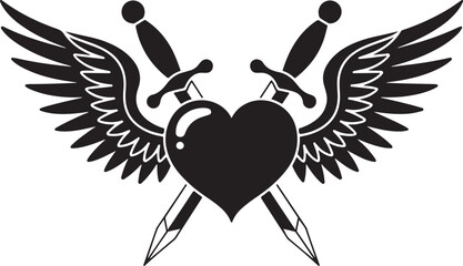 Winged heart with crossed swords tattoo style love and strength symbol