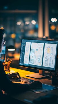 A professional designer develops website prototypes and user interface elements on a desktop screen in a creative studio. The scene captures a productive night work atmosphere and digital innovation
