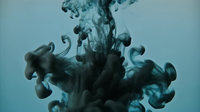 An artistic image displays ink or paint cascading and clouding the water. The dark fluid takes on amorphous shapes with a light blue background
