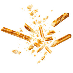 Broken pretzel pieces isolated on transparent background