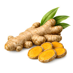 Fresh ginger root and slices isolated on transparent background