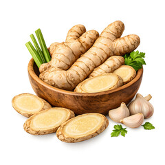 Fresh turmeric roots in wooden bowl, isolated on transparent background
