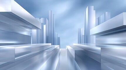 Obraz premium Abstract metallic cityscape with sleek futuristic towers reflecting light under a cloudy blue sky, creating a sense of depth and modern architecture design.