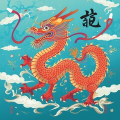 Fototapeta premium Vibrant red dragon illustration with Chinese calligraphy, depicting mythical power and tradition.