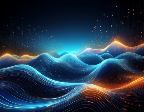 glowing blue digital waves with scattered orange particles creating a futuristic dynamic and vibrant visual effect resembling a flowing data landscape - Powered by Adobe