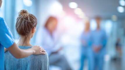 Occupational health nurse conducting quick musculoskeletal checkup in a welllit triage corner keeping the patient sharply detailed amid a hazy clinic backdrop.