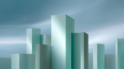 Fototapeta premium Abstract city skyline with geometric shapes and teal tones against a dramatic sky, showcasing modern architecture and minimalist design concepts
