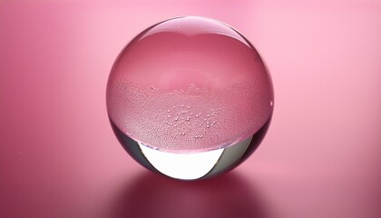 close up of a clear spherical bubble with small air bubbles inside resting on a soft pink surface with gentle reflections and soft lighting