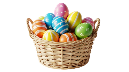 Easter sunday colorful eggs in a basket isolated on transparent background