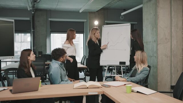 Colleagues engage in discussion about progress and goals during team meeting in modern office setting
