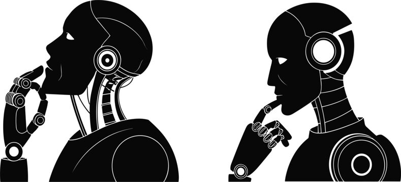 Artificial intelligence robot silhouette set, humanoid cyborg thinking poses, futuristic technology and machine learning concept vector