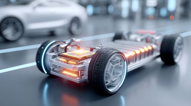 Detailed view of an electric car s internal engineering highlighting its high tech battery system power electronics and intricate circuits representing sustainable mobility