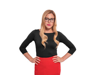 A blonde woman with glasses wearing a black top and red pants poses with her hands on her hips against a white background.