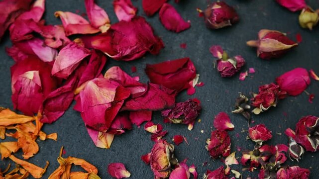 Dry rose petals scattered on a dark textured surface, natural floral elements.