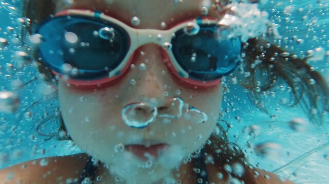 Girl swims underwater in the pool. Pre teen girl feels herself comfortable and relaxed underwater. Little girl dives and swims in the pool