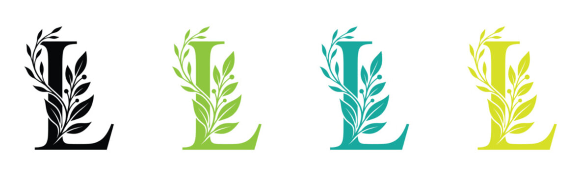 Elegant L letter logo design with long leaves branch vector illustration. Creative icon with letter L and natural elements. Stylish letter L logos with leafy designs in four colors.