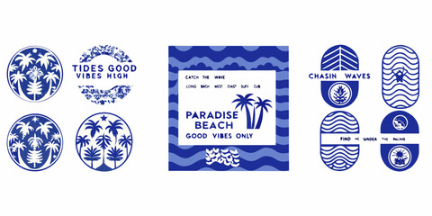 Blue and white beach themed graphic designs with tropical and wave motifs