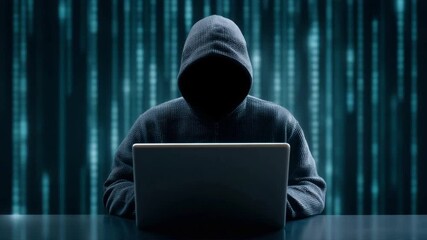 A mysterious figure in a hoodie works on a laptop surrounded by digital code, embodying cybersecurity themes. - Powered by Adobe