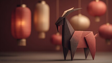 Elegant origami style goat with hanging lanterns, Chinese New Year zodiac decoration concept 