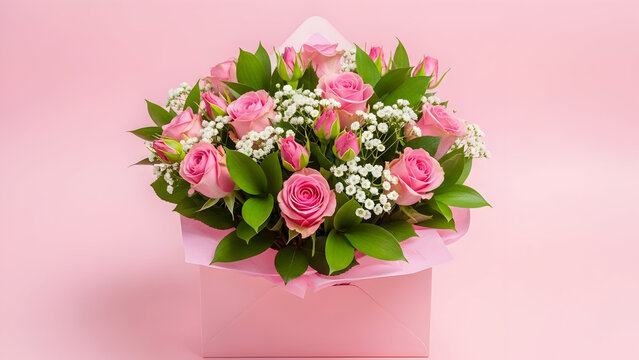 Beautiful pink roses bouquet in a box - Powered by Adobe