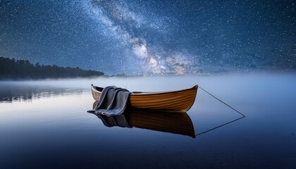 wooden rowboat floating silently on a calm misty lake under a starry night sky with a cozy blanket draped over the side reflecting peaceful solitude