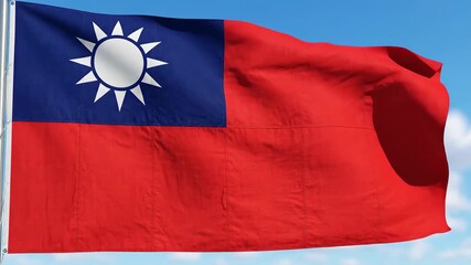 The vibrant national flag of Taiwan officially known as the Republic of China proudly waves in the wind against a clear blue sky symbolizing freedom democracy and national identity for the island nat.