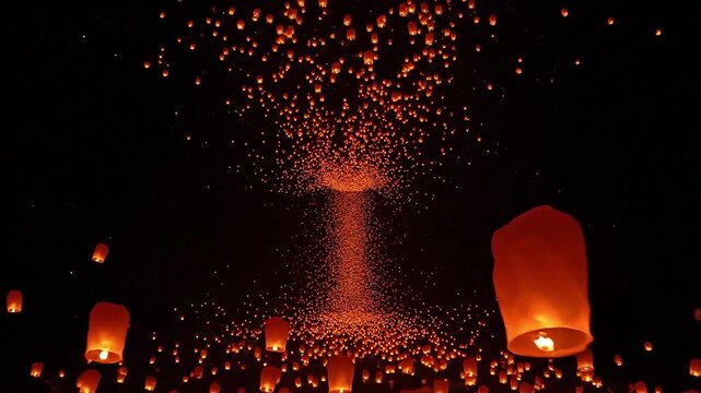Many bright orange lanterns illuminating the night background during the Lantern Festival