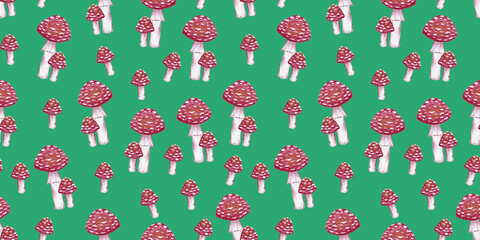 seamless pattern of fly agaric mushrooms on green background, hand drawn colored pencils fungi illustration