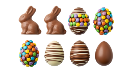 Easter sunday chocolate treats bunnies and eggs isolated on transparent background