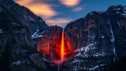 Vibrant sunset over a majestic waterfall in a rugged mountain landscape