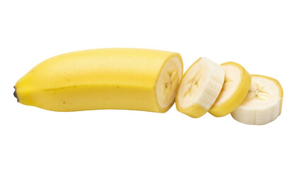 Sliced banana isolated PNG on transparent background, fresh yellow fruit cut into pieces for healthy eating and dessert preparation © Luca
