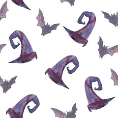 seamless pattern of Halloween watercolor elements on white background. Violet witch hat and flying bat hand painted illustrations