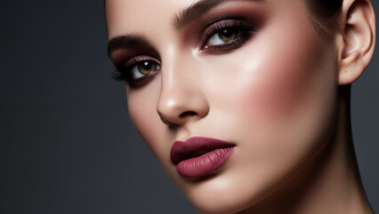 Dark romantic female model exhibiting luxurious makeup with rich tones on elegant background