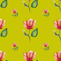 seamless pattern of abstract watercolor and pen flower on yellow green background, hand painted illustration