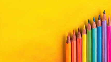 Colorful pencils arranged on a bright yellow background for creative projects