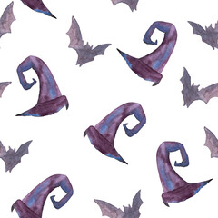 seamless pattern of Halloween watercolor elements on white background. Violet witch hat and flying bat hand painted illustrations