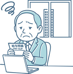給与明細を見て落ち込む中年男性会社員のイラスト　低賃金・生活苦・物価高