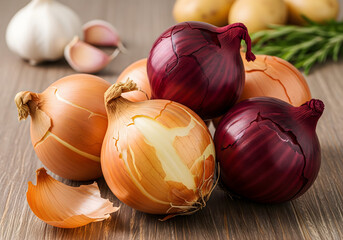 Fresh Onions Variety on Wooden Table Close Up