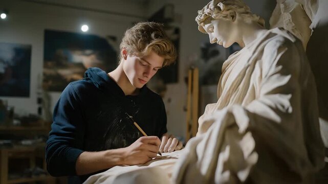 A sculptor using 3D scanning and digital modeling to refine forms before physical creation, blending traditional art with modern technology. cinematic color correction, natural uneven lighting yet