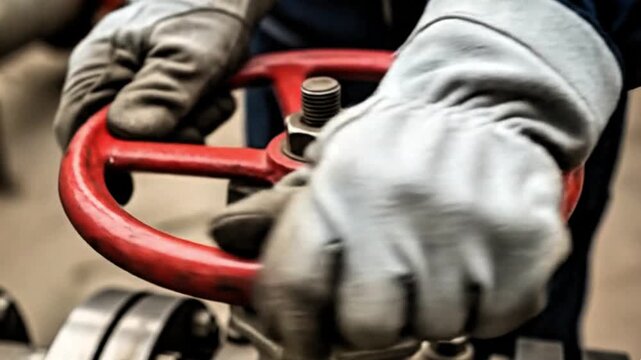 Video, close-up, hands of an oil or gas miner, illustration of turning a gate valve on an industrial pipe. 