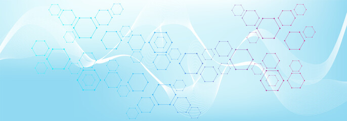 Health care or medical abstract background with hexagons, lines and dots. Scientific innovation banner template concept. Biology and pharmaceutical technology background. illustration.