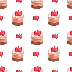 seamless pattern of cakes with strawberry, watercolor hand painted elements on white background